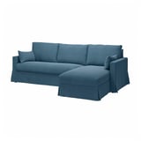 A blue l-shaped HYLTARP sectional sofa with chenille cover, slightly reflective, soft, durable, and machine washable.