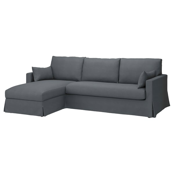 Grey l-shaped HYLTARP sofa with clean lines and cushions.