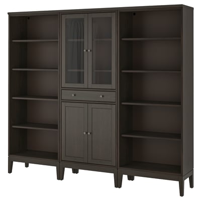 Dark wooden storage unit with glass doors, featuring multiple shelves and drawers for storage.