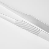 Stainless steel cooking tweezers; sleek, detailed grip texture; ideal for kitchen use.