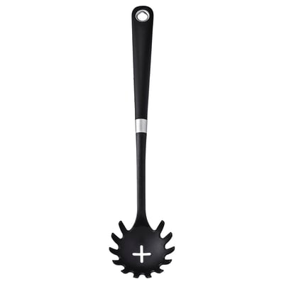 Black IKEA pasta server with spiked head and grippy handle.