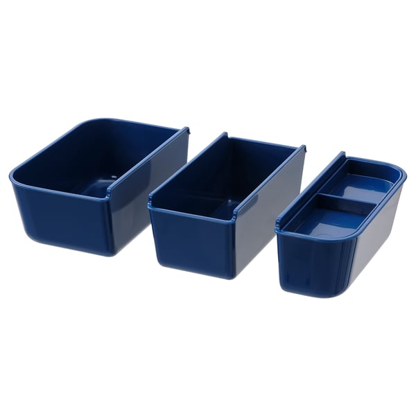 Three blue rectangular storage bins, one with two compartments, another with a lid, and one open, all made of polypropylene plastic.