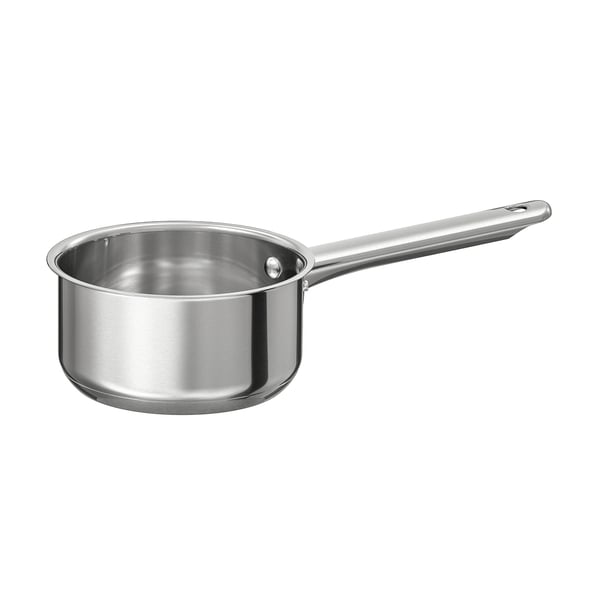 IKEA 365+ silver saucepan, stainless steel, round bottom, long handle, polished finish.