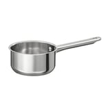IKEA 365+ silver saucepan, stainless steel, round bottom, long handle, polished finish.