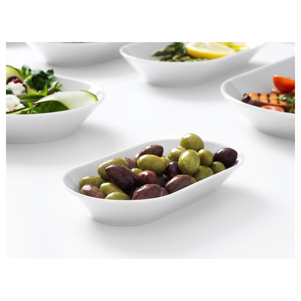 Small white bowl filled with mixed olives. Part of IKEA 365+ stackable dinnerware series, known for durability and timeless design.