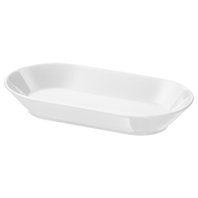 An IKEA 365+ white, oval-shaped porcelain dish. Its simple, stackable design is perfect for everyday use.