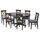 An INGATORP dining set with a dark brown, round, extendable table and six matching chairs with gray cushions.