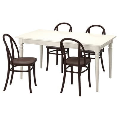 White extendable dining set with four curved bentwood chairs.