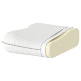 A contoured pillow with memory foam core and a white recycled polyester cover, zippered.