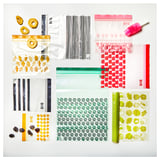 Various colorful resealable plastic bags, containing candies, stickers, and items; some bags are transparent.