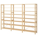 IVAR pine storage shelves, natural wood color, rectangular shape, minimalist design, adjustable shelves.