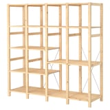The IVAR pine wooden storage shelves. The shelves are light brown, rectangular, and have multiple adjustable compartments with a simple design.