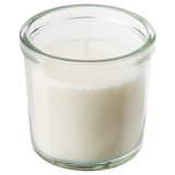 Glass candle jar with white wax, two wicks. Simple, clear design.