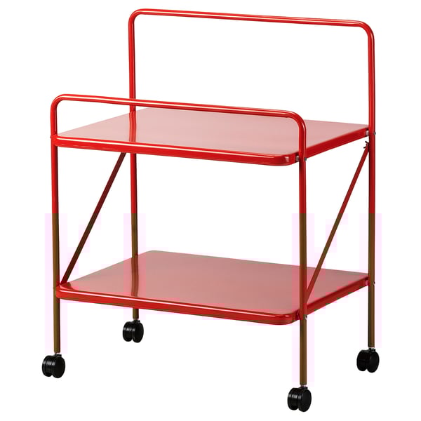 Red metal trolley with two wheels, rectangular top and bottom shelves, sleek frame, part of ikeas JÄRLÅSA collection.