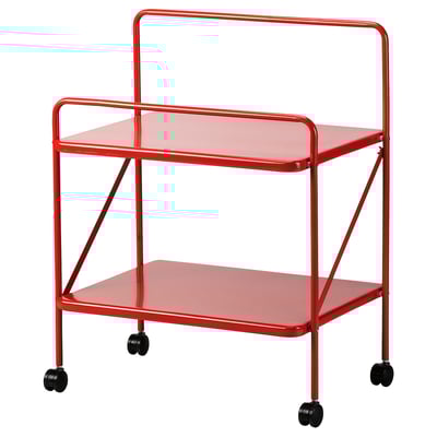 Red metal trolley with two wheels, rectangular top and bottom shelves, sleek frame, part of ikeas JÄRLÅSA collection.