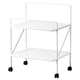 White JÄRLÅSA side table with wheels, two shelves, steel, epoxy finish, and black castors.