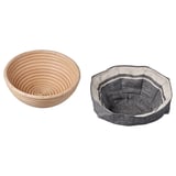 Displays two round baskets: a light brown woven rattan basket and a grey fabric-lined basket. Both have distinct, rustic designs.