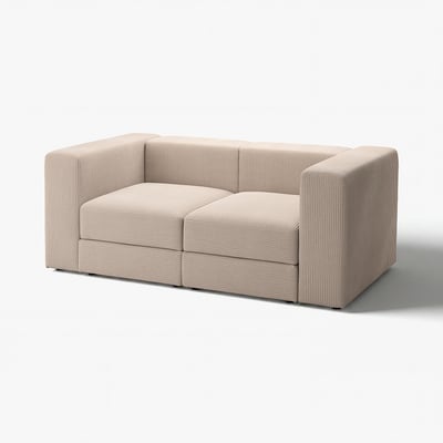 Light beige, striped modular sofa, cuboid shape, soft cushions, practical storage, and smooth lines.