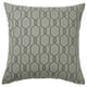 A square throw pillow, named JÄTTEPOPPEL, in grey and white with a green and grey geometric pattern, made of 100% cotton.