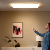 Man standing, aiming remote at ceiling light panel. Beside him, a sideboard holds a lamp, vase with flowers, and framed abstract art.