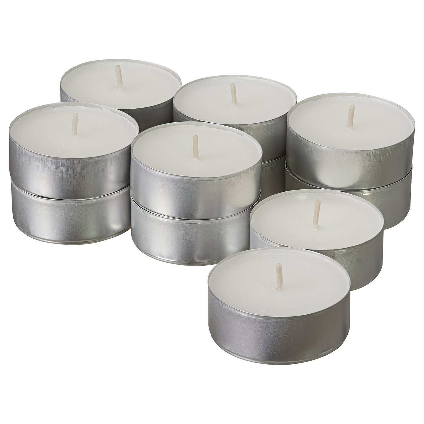 JUBLA tealights. Six silver, round, unlit candles, white wax, cotton wicks.