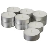 JUBLA tealights. Six silver, round, unlit candles, white wax, cotton wicks.
