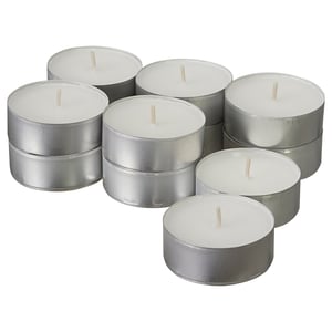JUBLA tealights. Six silver, round, unlit candles, white wax, cotton wicks.