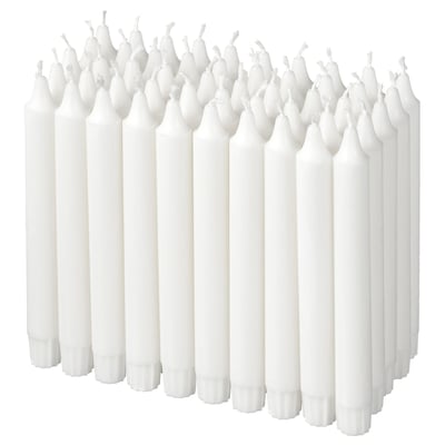 Pack of white JUBLA 100% stearin candles, straight shape with cotton wicks.