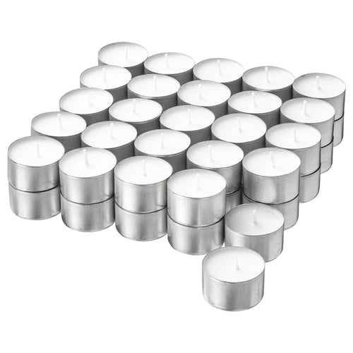 Collection of white JUBLA candles in silver aluminium holders, arranged neatly in rows, cylindrical shape.