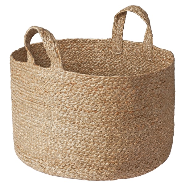 Handwoven beige jute storage basket with handles, perfect for organising and decor.