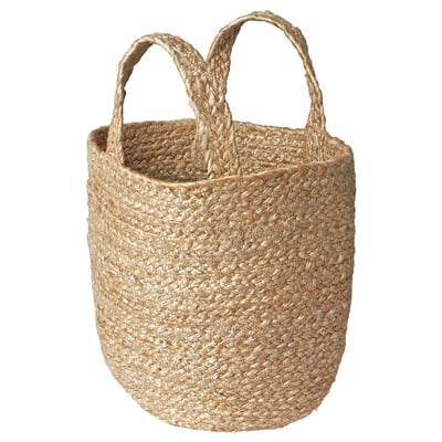 KÄLKEN natural jute storage basket, handwoven, cylindrical shape with top handles.