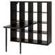 KALLAX dark brown modular storage cube with attached black table, adjustable feet.