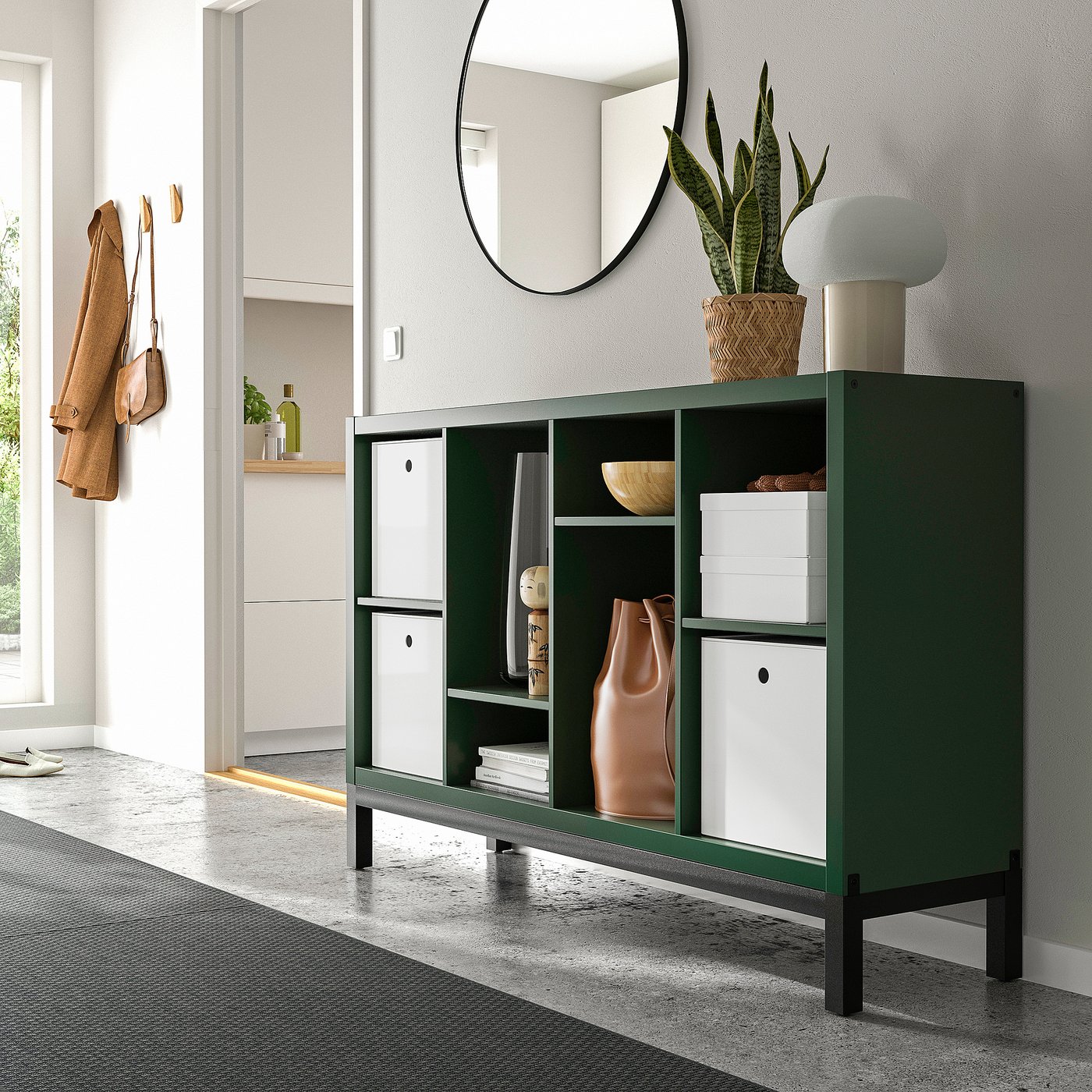 KALLAX shelving unit with underframe, dark green/black, 147x39x94