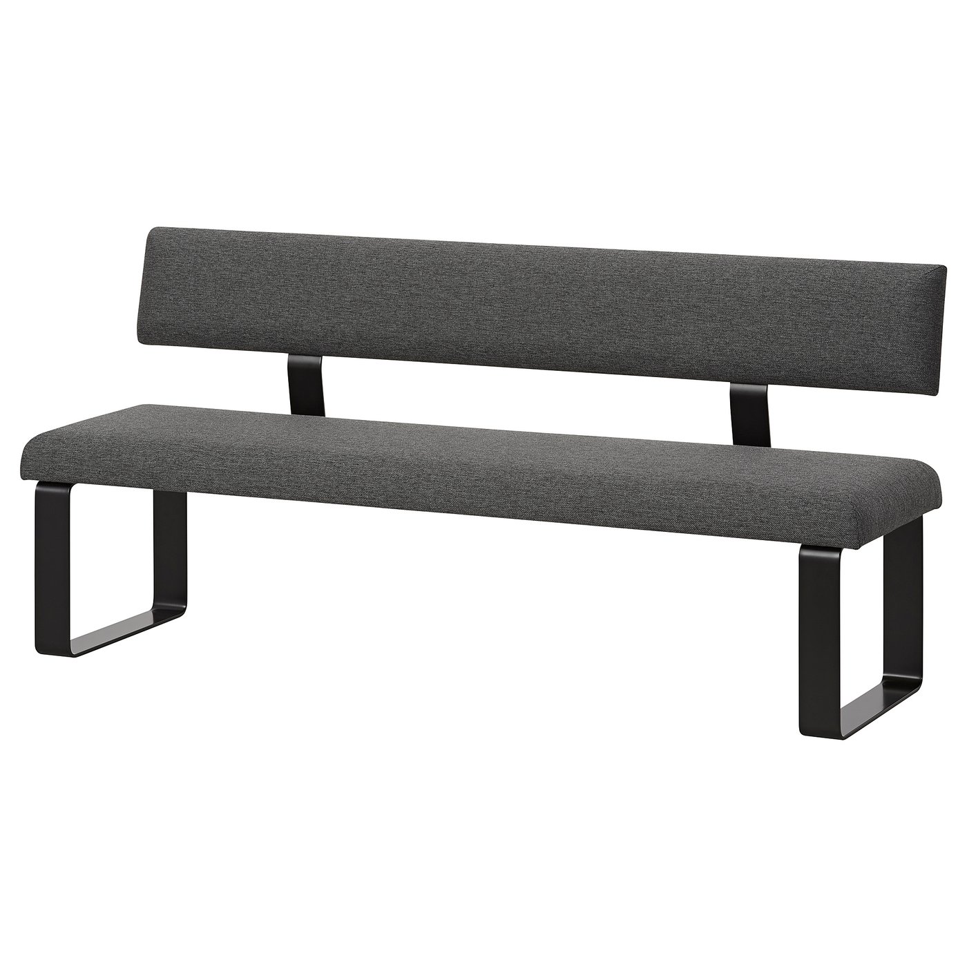 KARLANTON dark grey bench, padded seat and back, metal legs, sleek design.