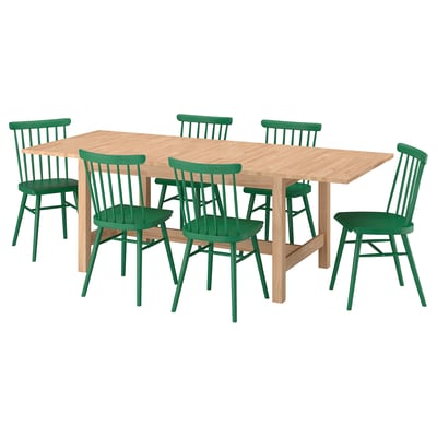 KARSKÄR / HÖGVED Table and 6 chairs, rubberwood/green, 160/220x90 cm