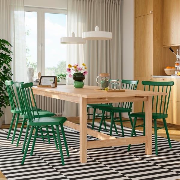 KARSKÄR / HÖGVED Table and 6 chairs, rubberwood/green, 240/300x100 cm