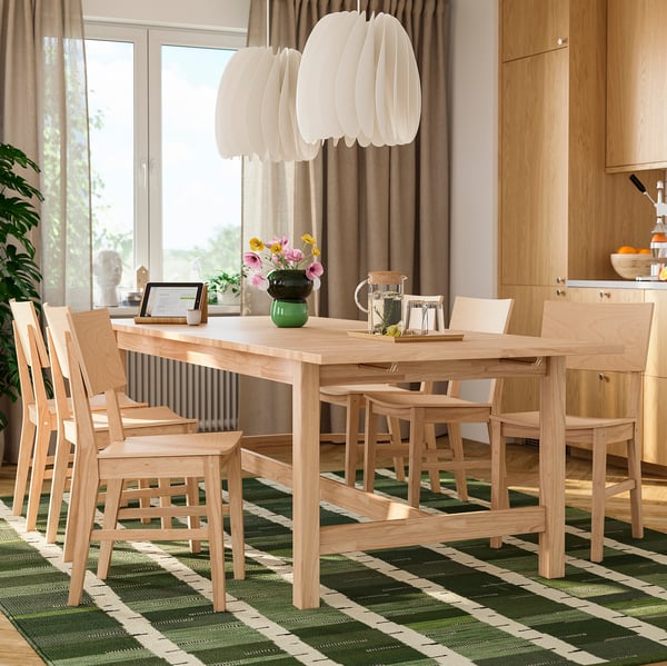 Wooden dining set with 6 chairs, natural finish, rug, pendant light