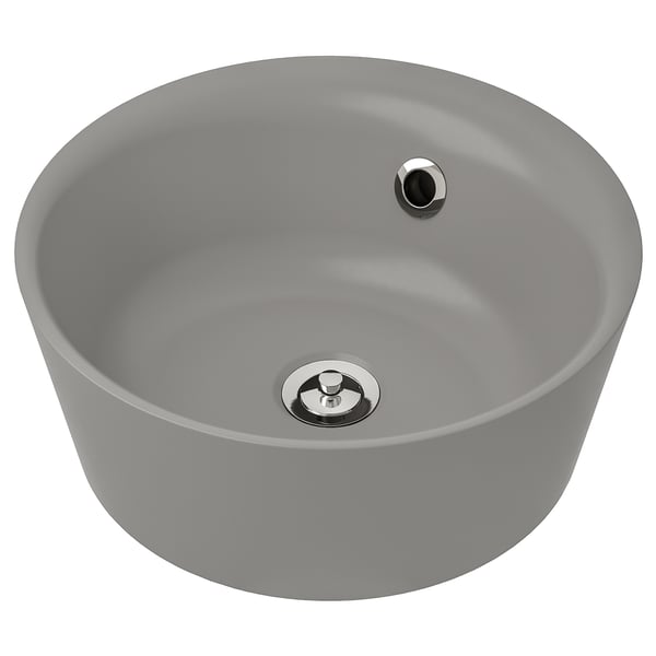 KATTEVIK sink: round, gray, polyester & marble, glossy, pop-up drain.