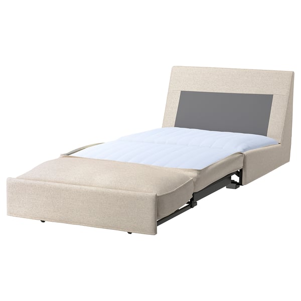 KIVIK beige sofa-bed with light blue cushion, upholstered in polyester fabric, designed for small spaces.