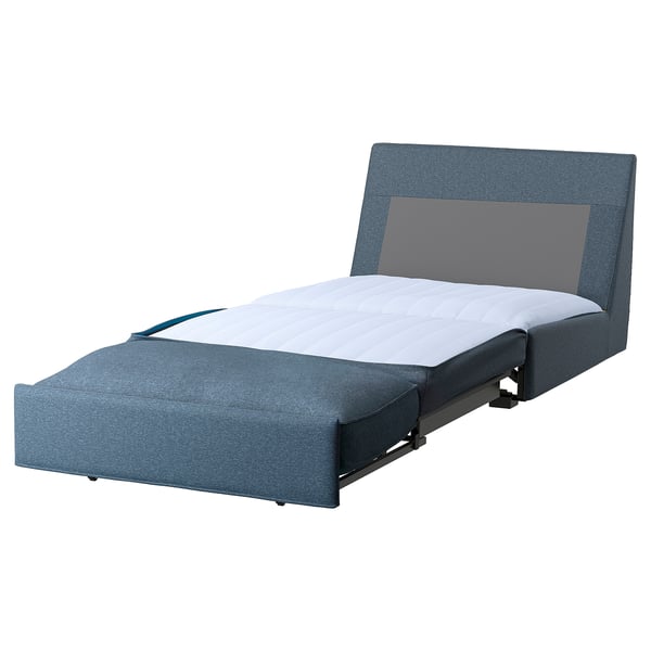 KIVIK blue sofa-bed; compact, contemporary design with removable, washable cover, perfect for small spaces.
