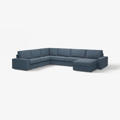 KIVIK sectional sofa in blue. U-shaped, deep seats, low armrests, soft cushions, modern design.