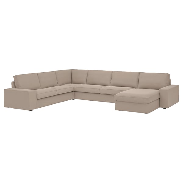 KIVIK sectional sofa, beige, l-shaped, soft fabric, deep cushions, long armrests.