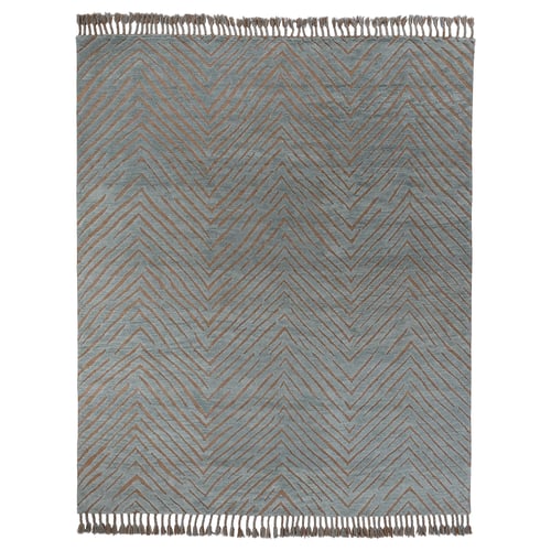 KLAPPERSTARR rug: blue & rust, zigzag pattern, hand-knotted wool & cotton, rectangular with fringe ends.