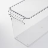 Clear plastic storage box with handle and lid, designed for fridge use. Sturdy and transparent for easy viewing.
