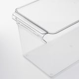 Clear, stackable plastic storage box with lid and handle for fridge organization.