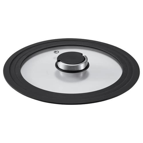 KLOCKREN: black round see-through lid, stainless handle, silicone rim for pots/pan sizes 20-24cm.