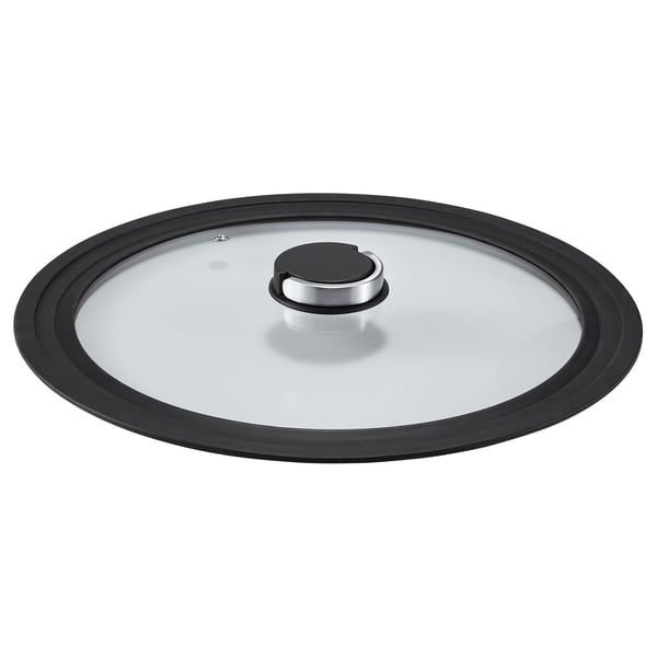KLOCKREN lid, clear glass, black rim, stainless handle, round, fits 28-32cm pots.