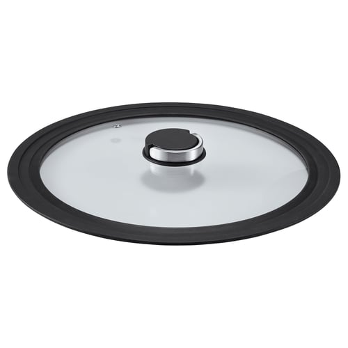 KLOCKREN lid, clear glass, black rim, stainless handle, round, fits 28-32cm pots.