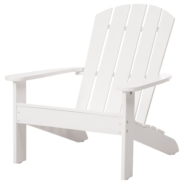 Single white adirondack chair; slatted design, wide armrests.