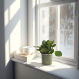 Green plant on windowsill with plates and box, sunlight brightens space.